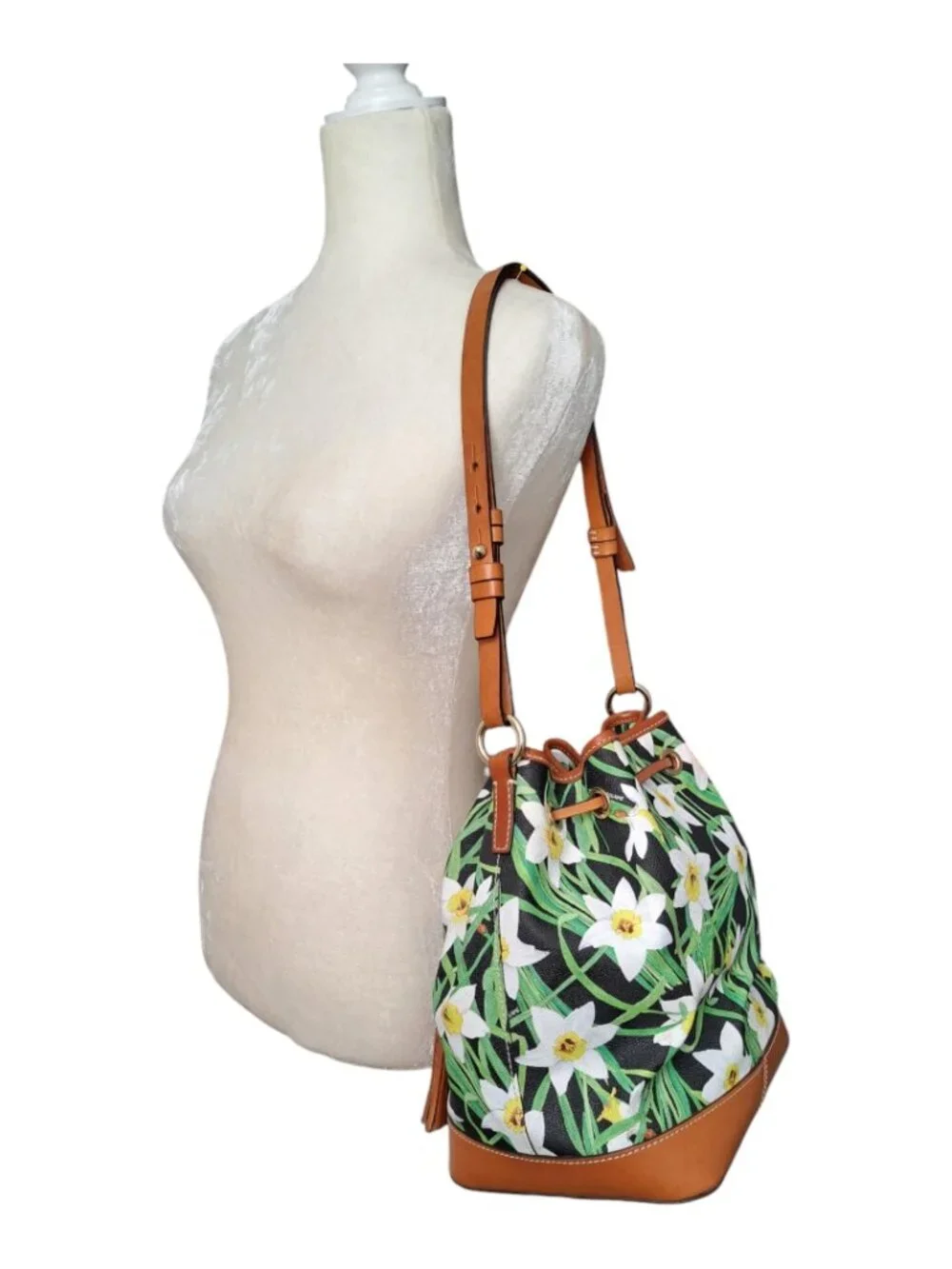 Dooney & Bourke Daffodil Tassel Drawstring Bucket Bag Purse Floral Leather Trim